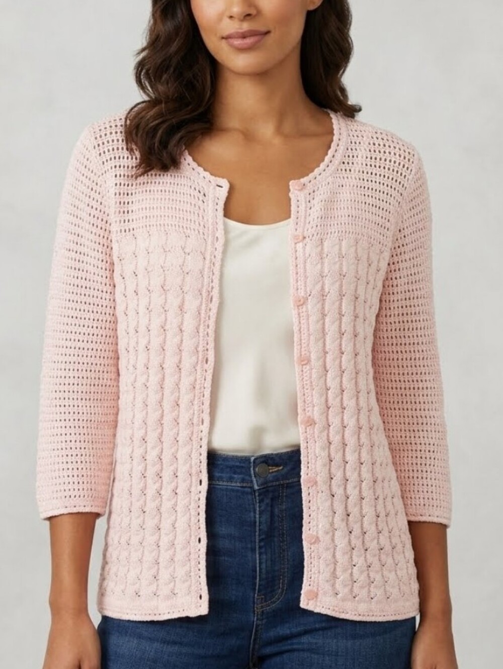 Hasting & Smith Light Pink Button Front Mixed Knit Cardigan Sweater